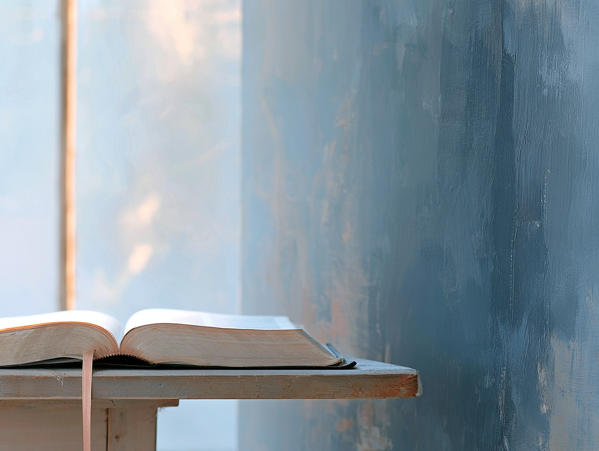 Eine offene Bibel auf einem einfachen Tisch neben einem sanft beleuchteten Fenster